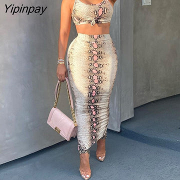 Yipinpay Women Clothes Snakeskin Print Crop Top & High Waist Maxi Skirt Set Casual Look for Women 2023